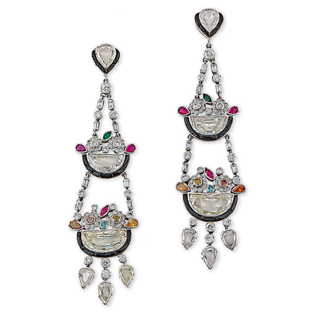 A PAIR OF DIAMOND AND GEM-SET EAR PENDANTS