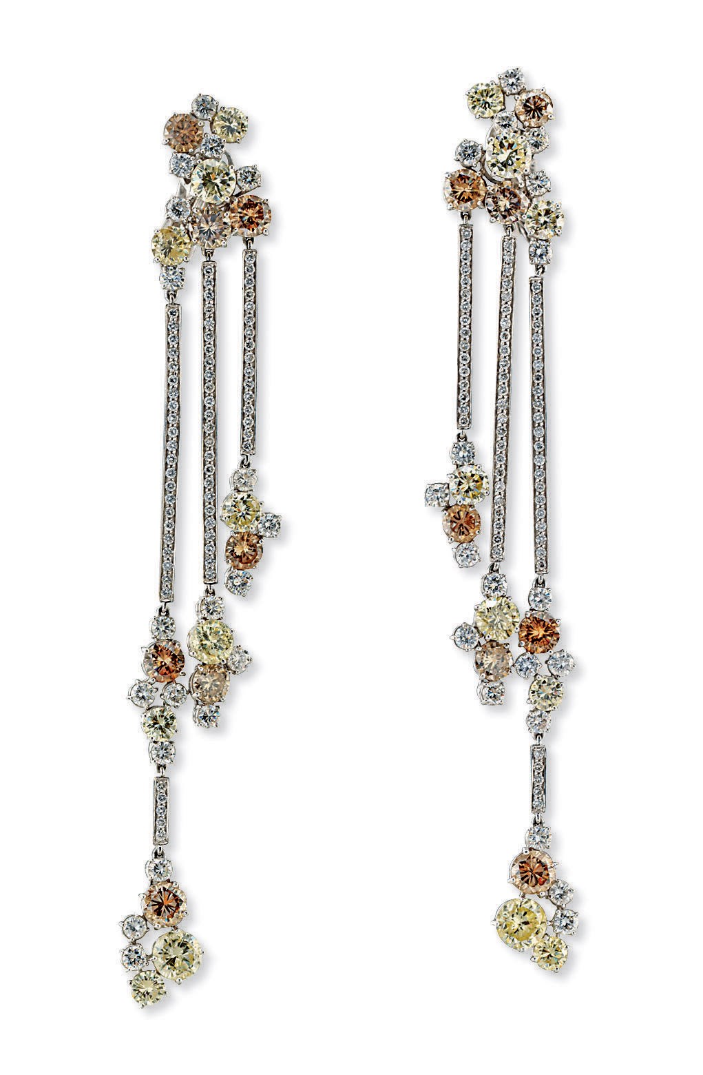 A PAIR OF DIAMOND AND COLOURED DIAMOND EAR PENDANTS