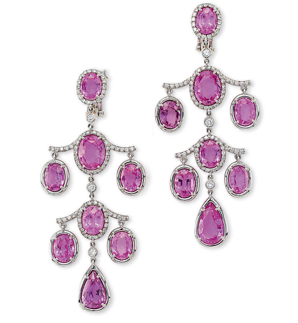 A PAIR OF COLOURED SAPPHIRE AND DIAMOND EAR PENDANTS