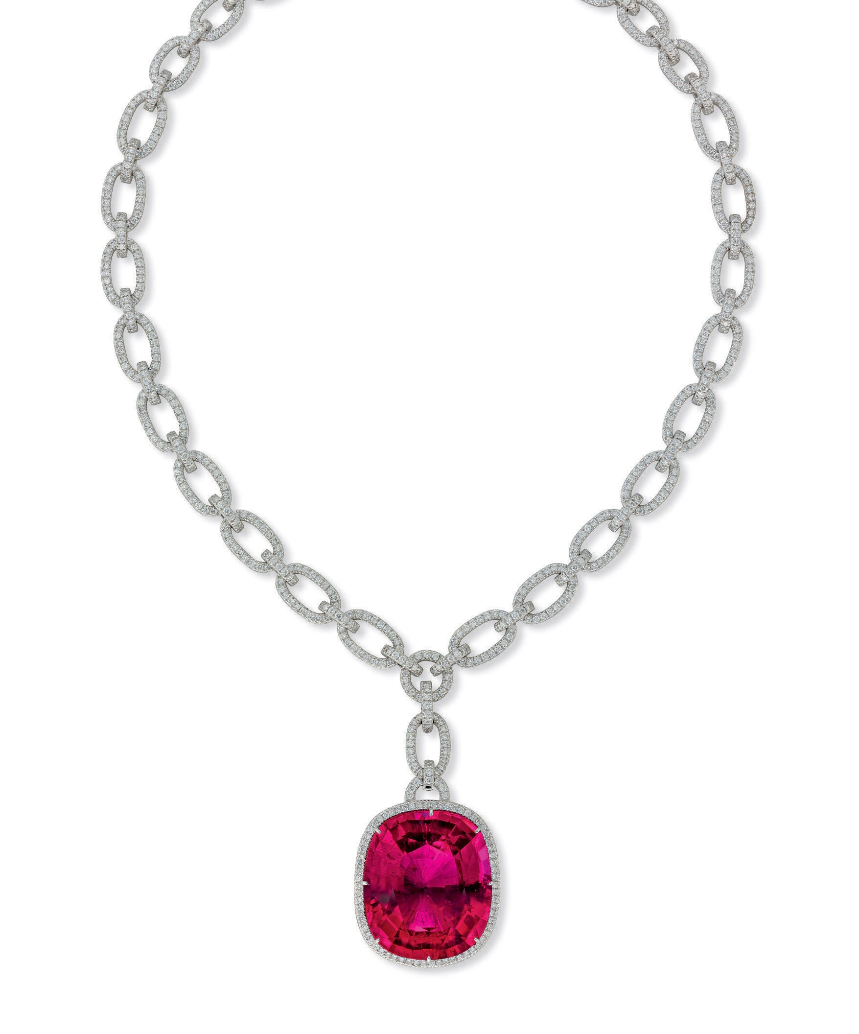 A RUBELLITE TOURMALINE AND DIAMOND PENDENT NECKLACE
