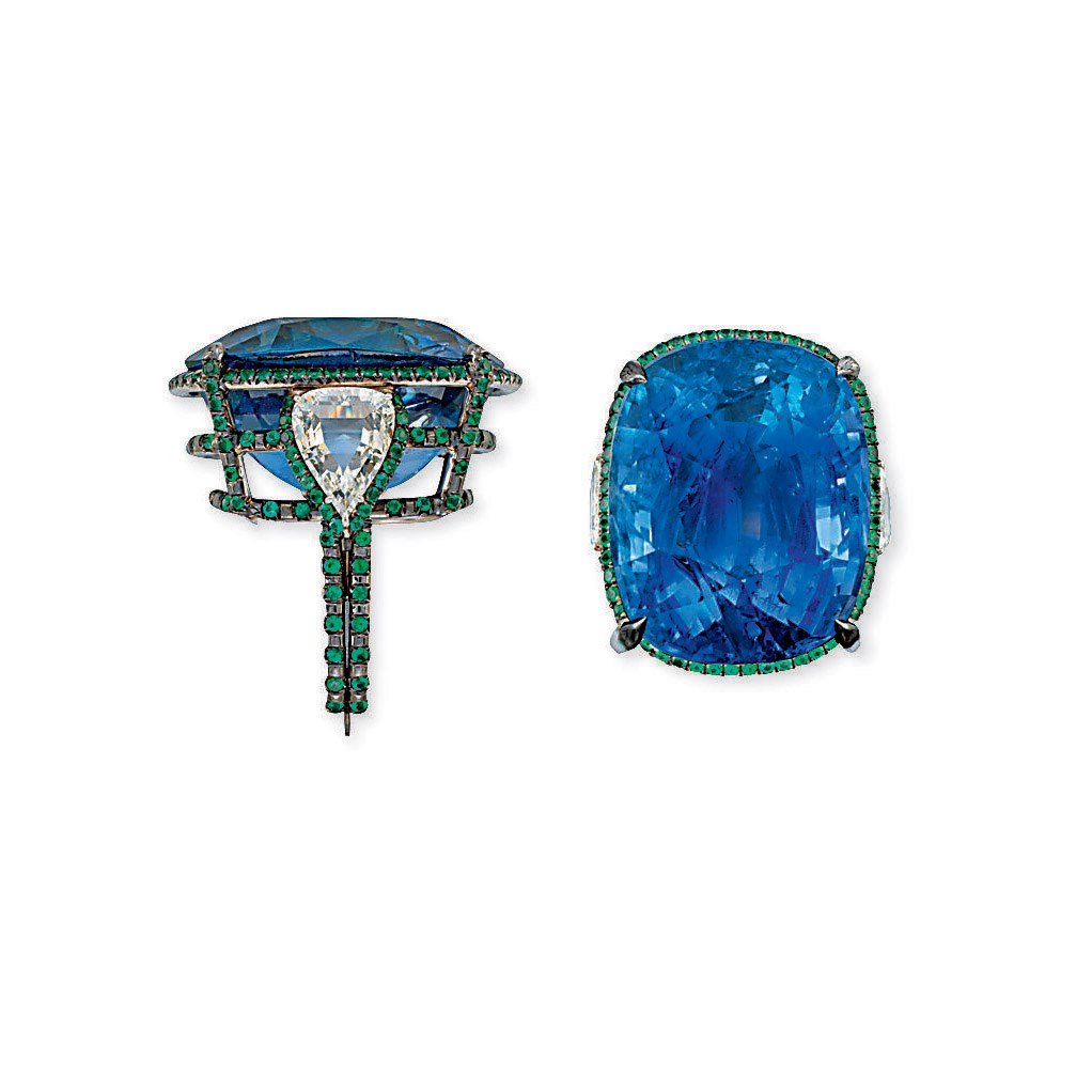 AN UNUSUAL SAPPHIRE, DIAMOND AND EMERALD RING, BY MANUEL BOUVIER