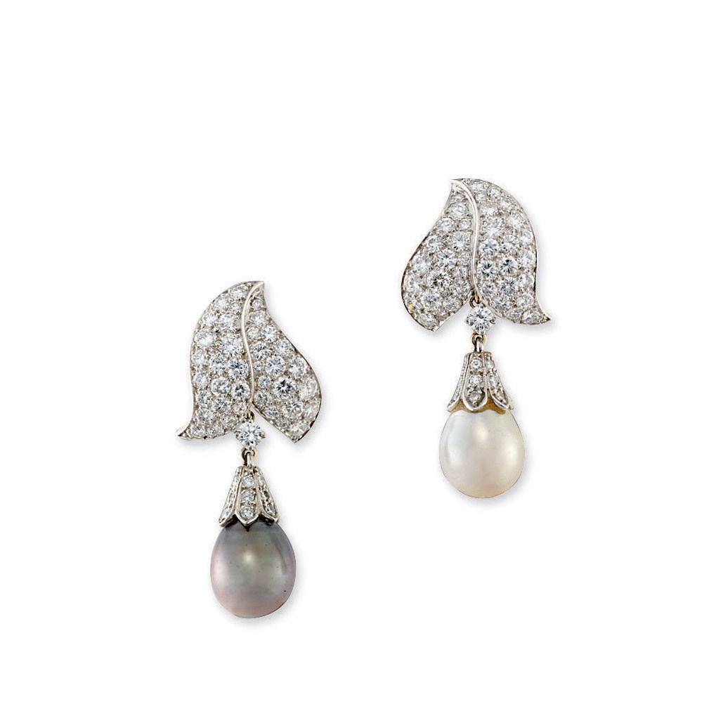 A PAIR OF NATURAL PEARL AND DIAMOND EAR PENDANTS