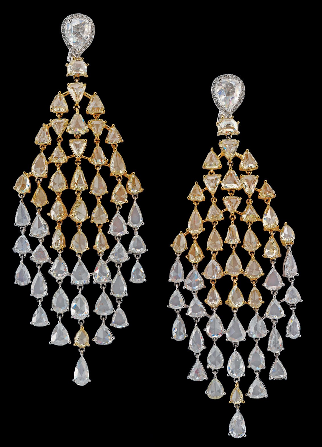 A PAIR OF DRAMATIC DIAMOND AND COLOURED DIAMOND EAR PENDANTS, BY MICHAEL YOUSSOUFIAN