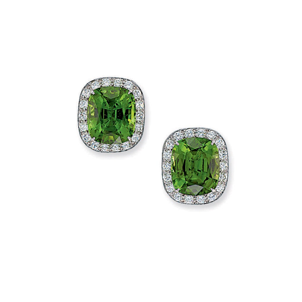 A PAIR OF PERIDOT AND DIAMOND EAR CLIPS, BY FRED LEIGHTON