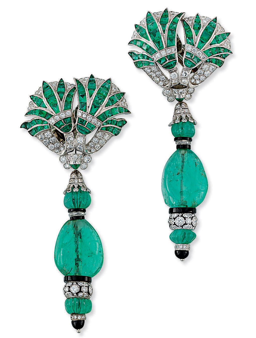 A PAIR OF EMERALD, DIAMOND AND ONYX EAR PENDANTS, BY FRED LEIGHTON
