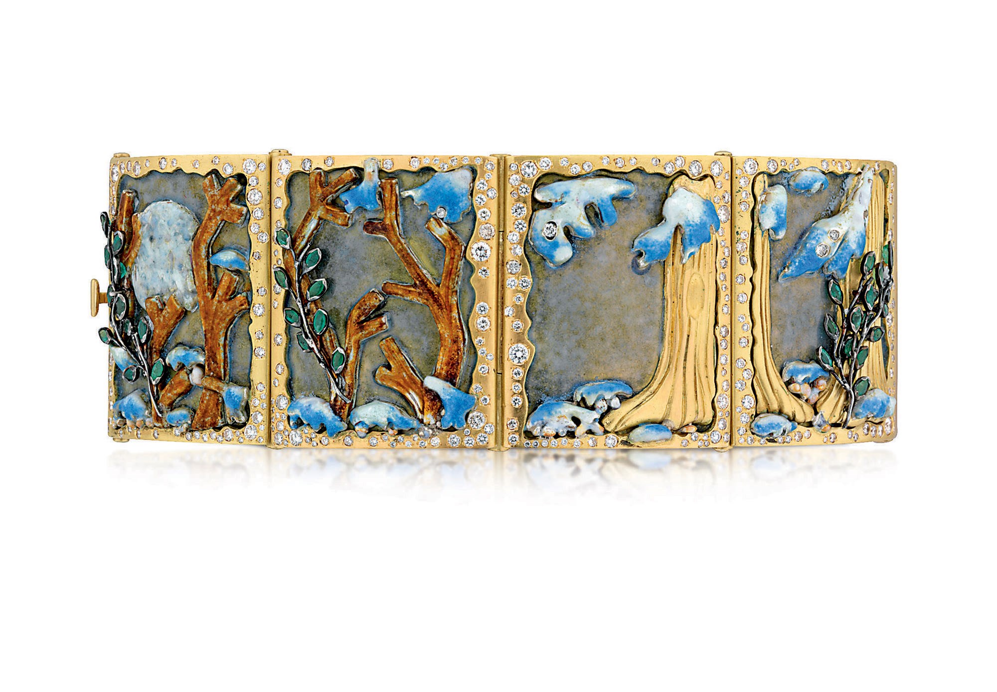 A HIGHLY UNUSUAL ENAMEL, DIAMOND AND EMERALD BRACELET, BY VICENTE GRACIA