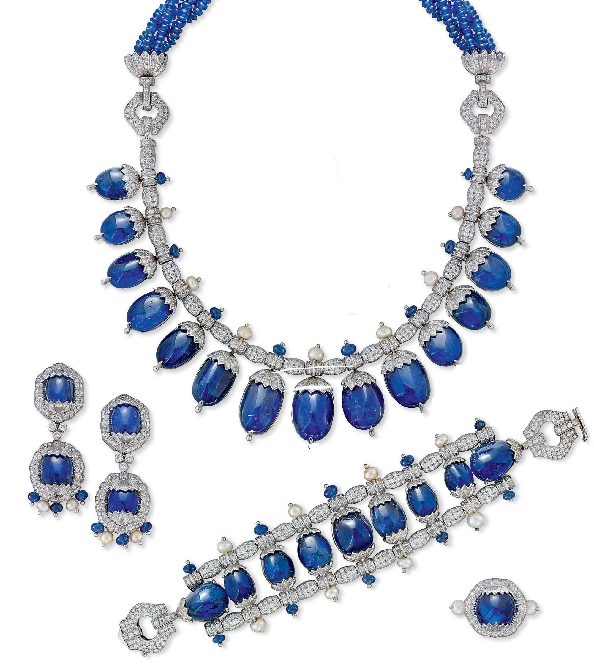 A SUITE OF SAPPHIRE DIAMOND AND PEARL JEWELLERY