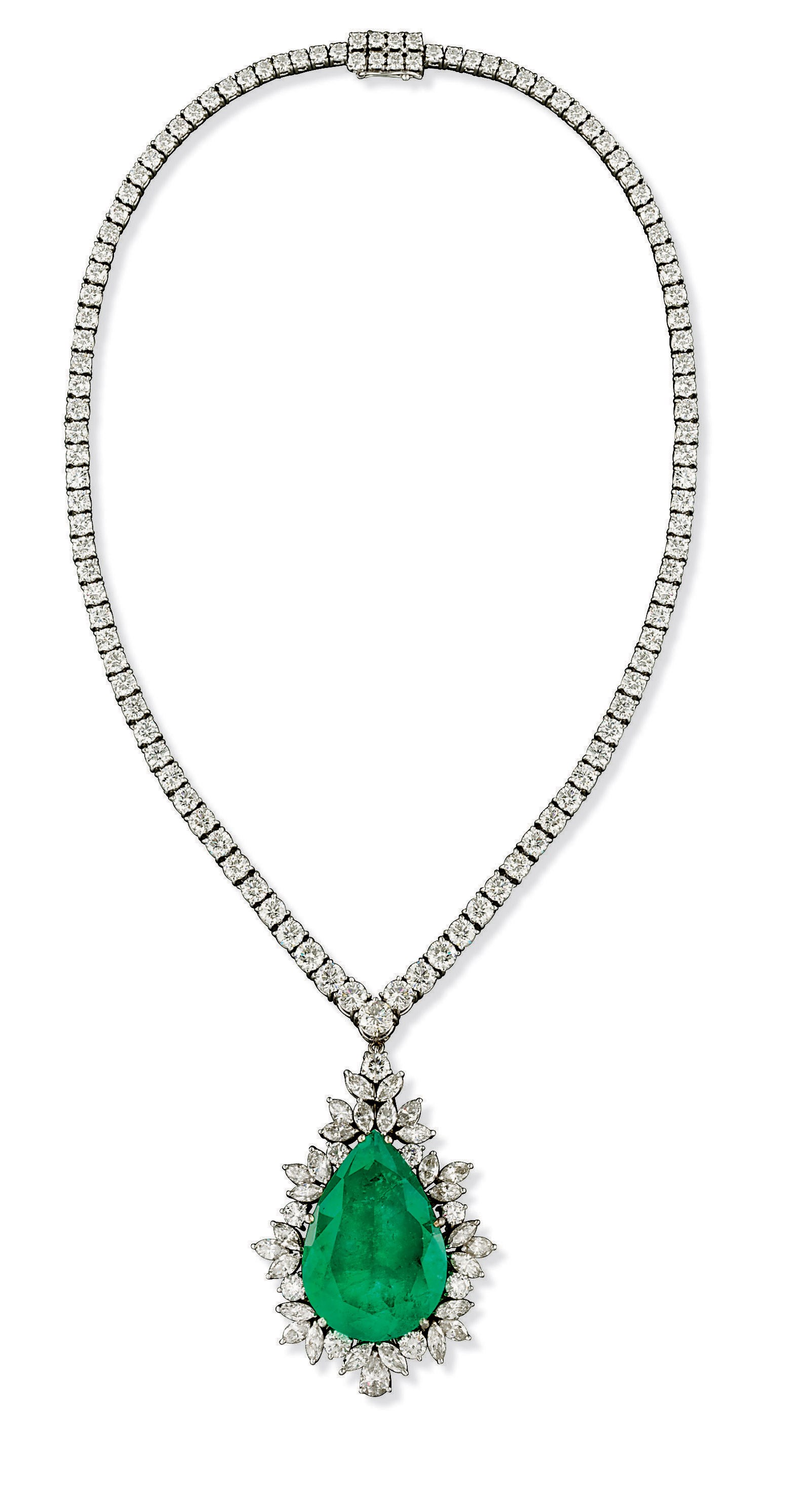 AN EMERALD AND DIAMOND PENDENT NECKLACE