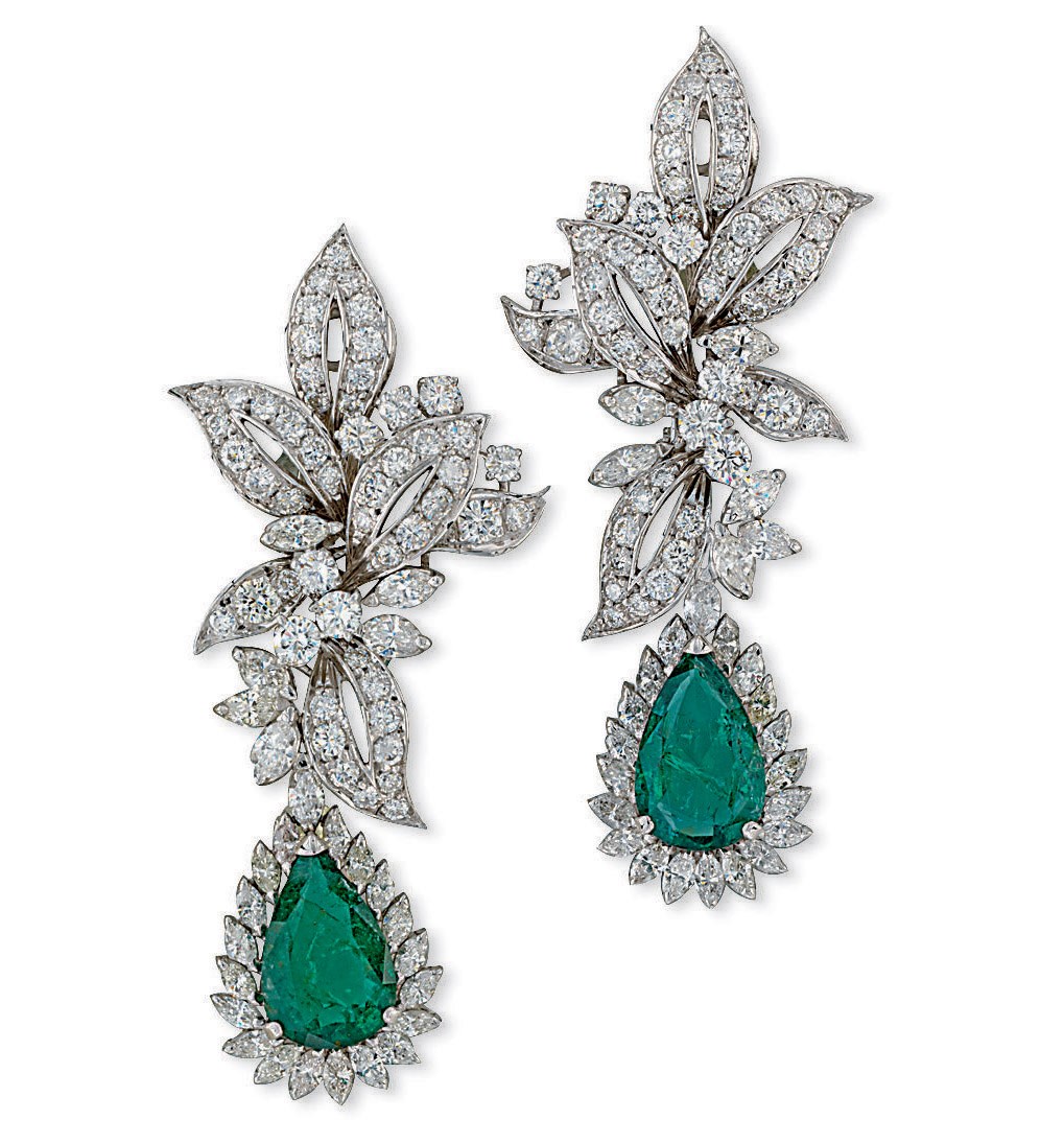 A PAIR OF EMERALD AND DIAMOND EAR PENDANTS, BY CHANTECLER