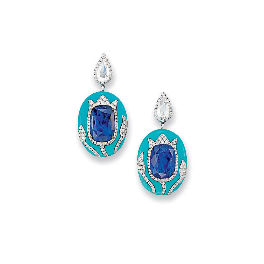 AN ATTRACTIVE PAIR OF SAPPHIRE TURQUOISE AND DIAMOND EAR PENDANTS, BY BOGH-ART