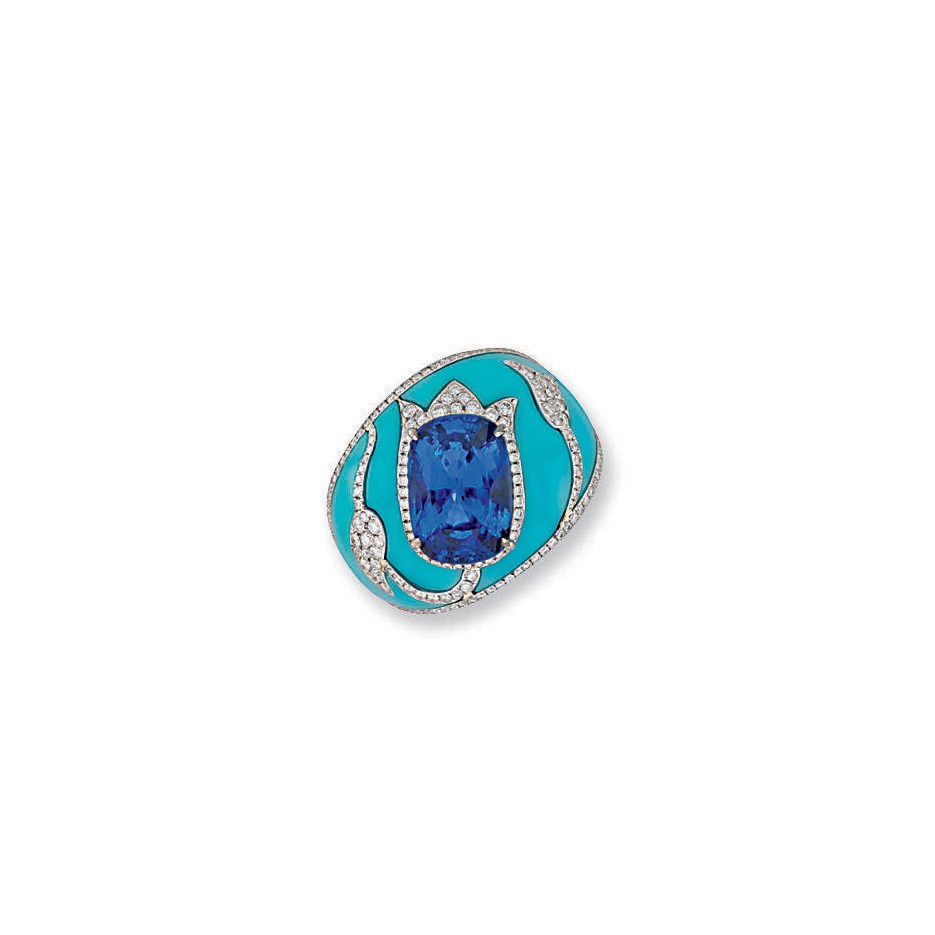 AN ATTRACTIVE SAPPHIRE TURQUOISE AND DIAMOND RING, BY BOGH-ART