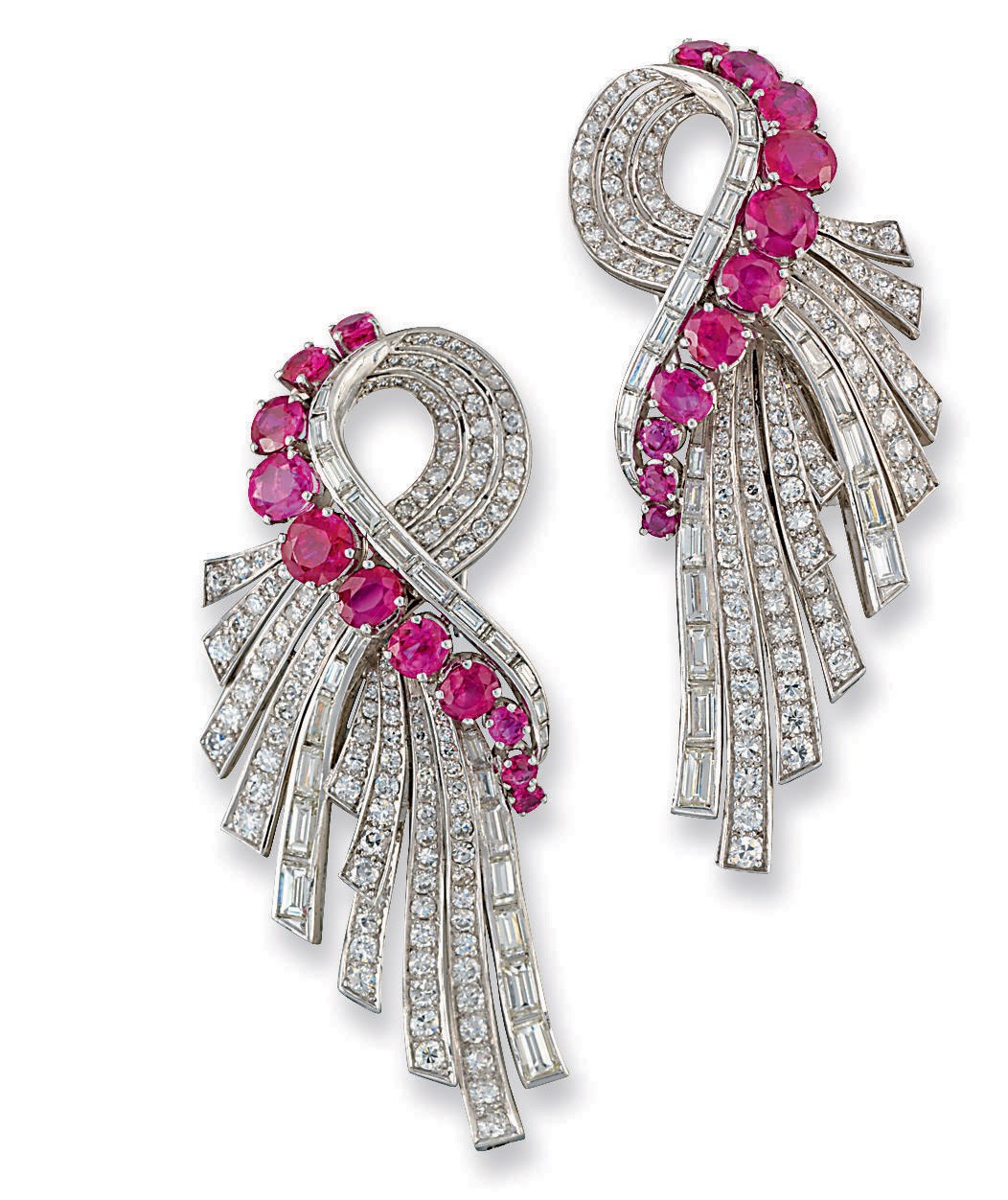 A PAIR OF ART DECO RUBY AND DIAMOND CLIP BROOCHES