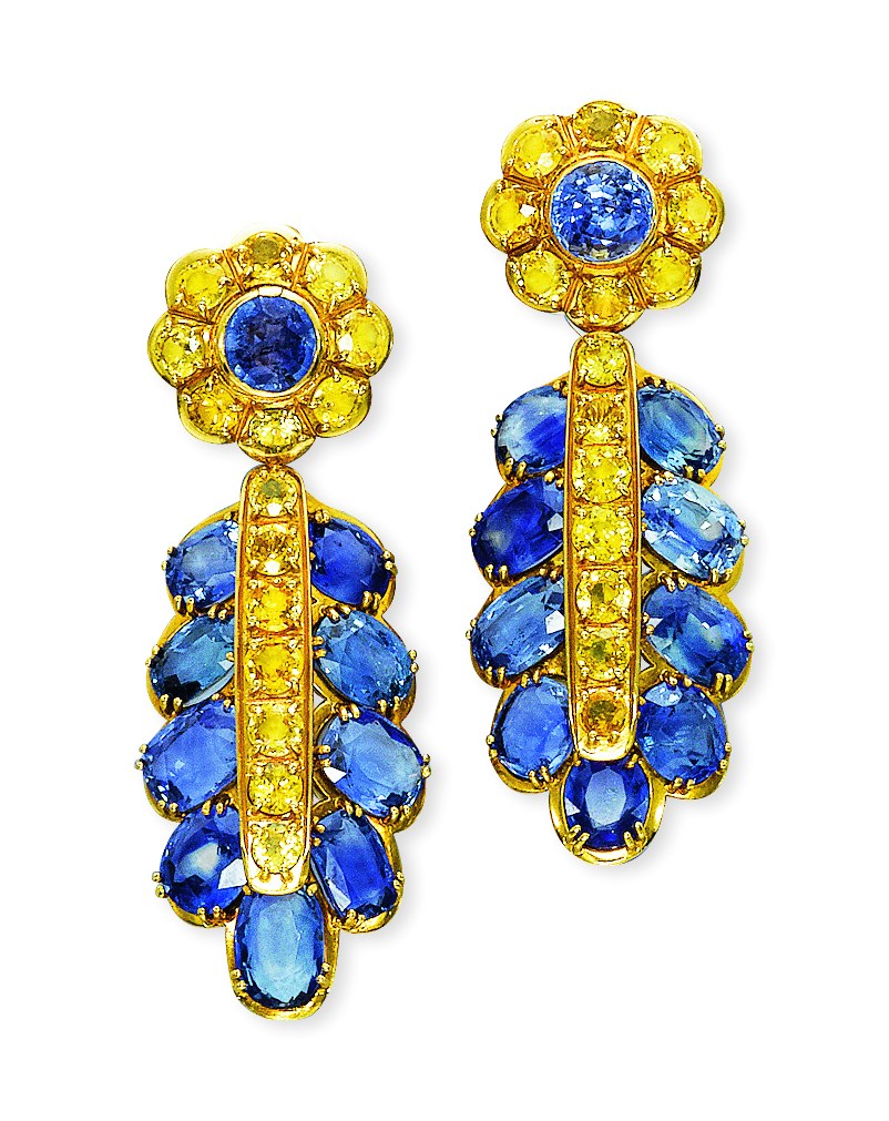 A PAIR OF SAPPHIRE AND COLOURED SAPPHIRE EAR PENDANTS