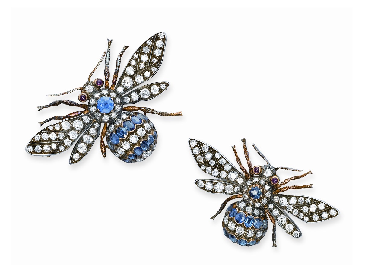TWO ANTIQUE DIAMOND AND SAPPHIRE BEE BROOCHES