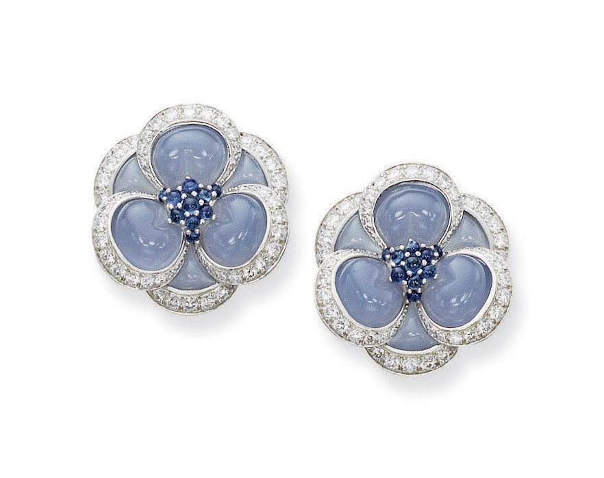A PAIR OF CHALCEDONY, SAPPHIRE AND DIAMOND 'BLUE GARDENIA' EAR CLIPS, BY VAN CLEEF & ARPELS