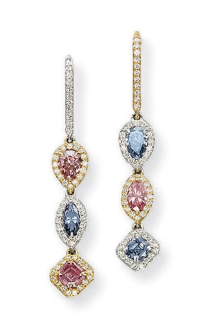 A PAIR OF COLOURED DIAMOND EAR PENDANTS, BY ADLER