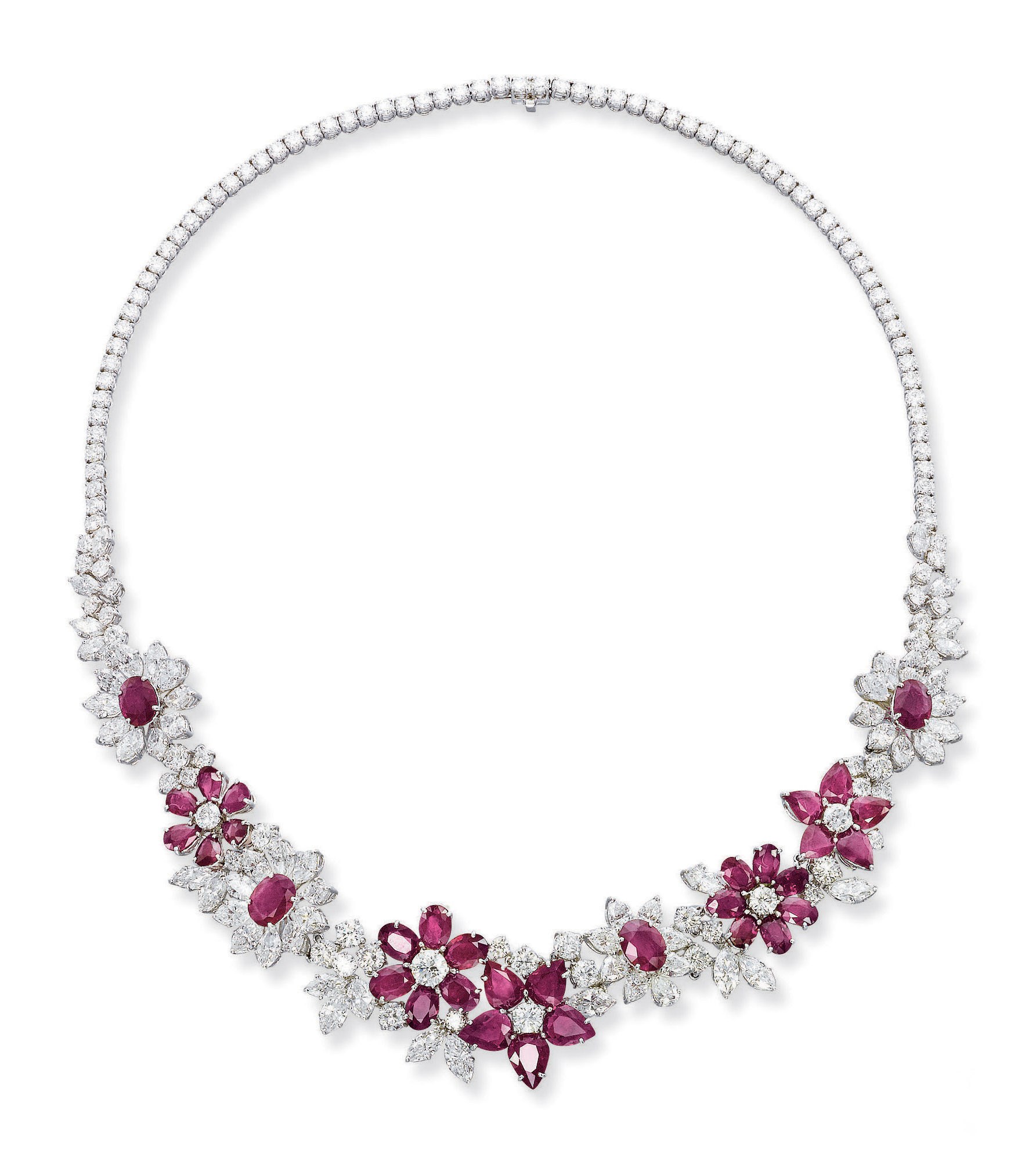 A RUBY AND DIAMOND FLORAL NECKLACE