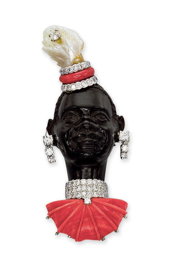 A WOOD, CORAL, DIAMOND AND PEARL BLACKAMOOR BROOCH, BY CARTIER