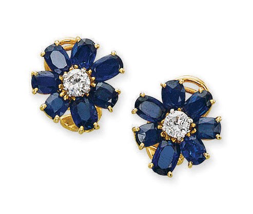 A PAIR OF SAPPHIRE AND DIAMOND EAR CLIPS, BY CARTIER