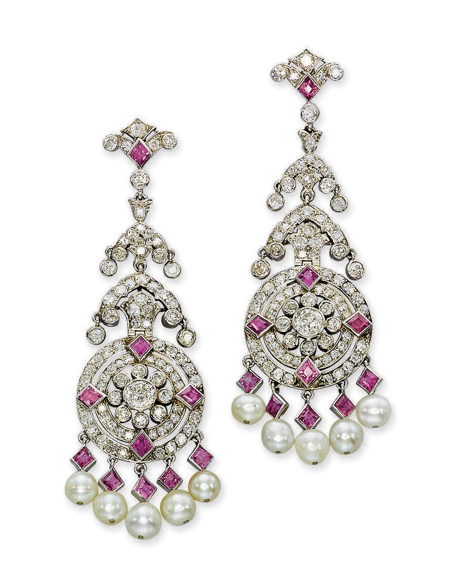 A PAIR OF ART DECO PEARL, RUBY AND DIAMOND EAR PENDANTS, BY CARTIER