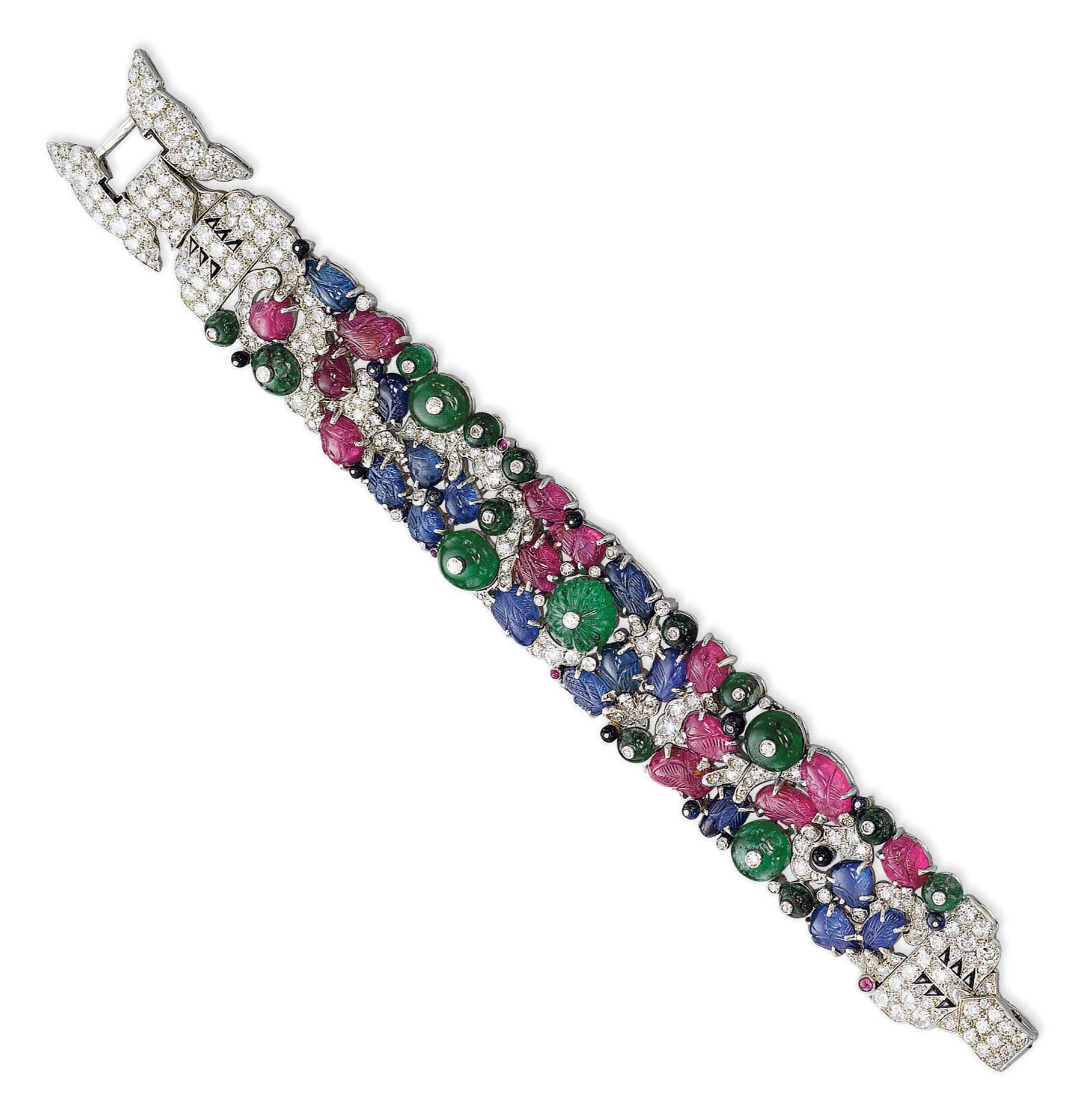 A VERY FINE ART DECO MULTI-GEM 'TUTTI-FRUTTI' BRACELET, BY CARTIER