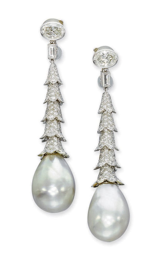 A PAIR OF PEARL AND DIAMOND EAR PENDANTS, MOUNTED BY CARTIER