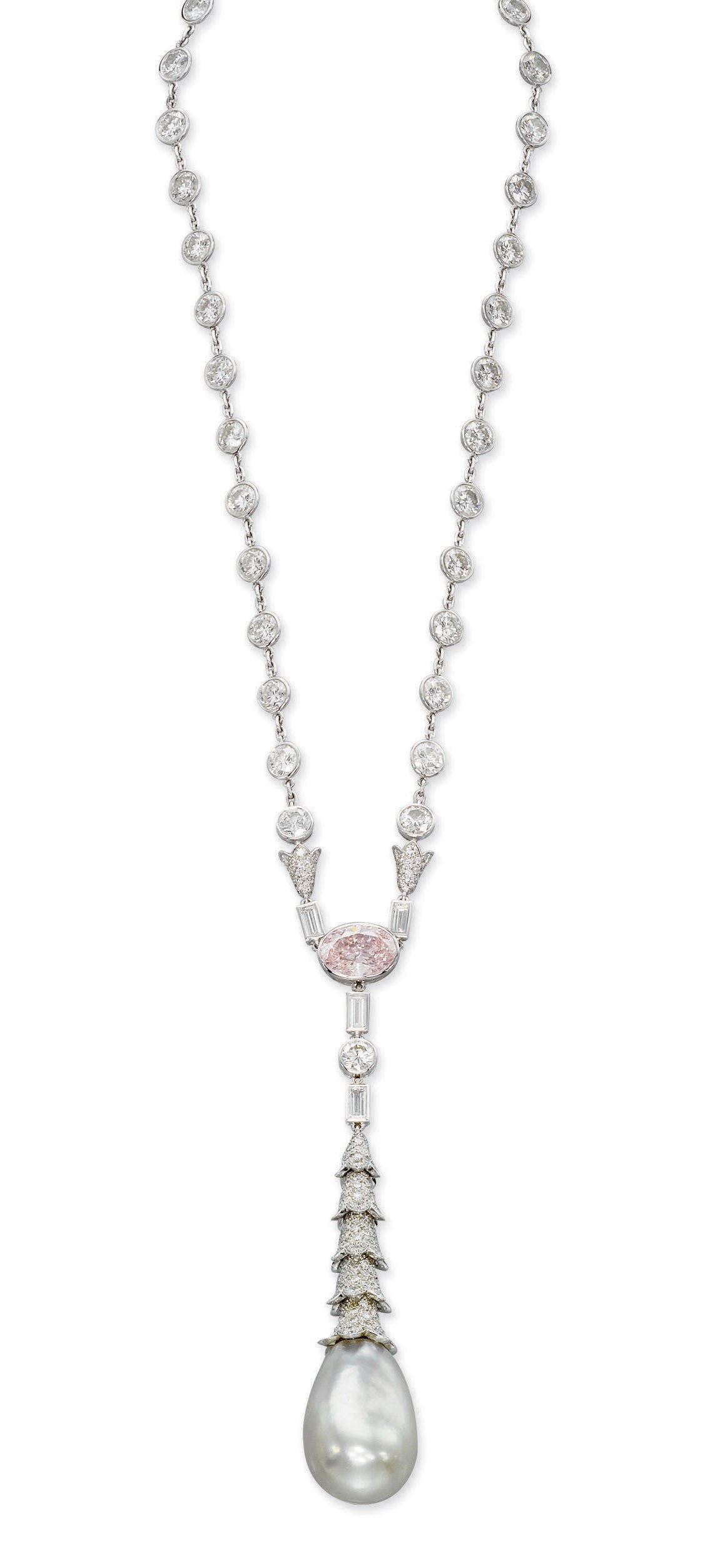 A PEARL, DIAMOND AND COLOURED DIAMOND NECKLACE, MOUNTED BY CARTIER
