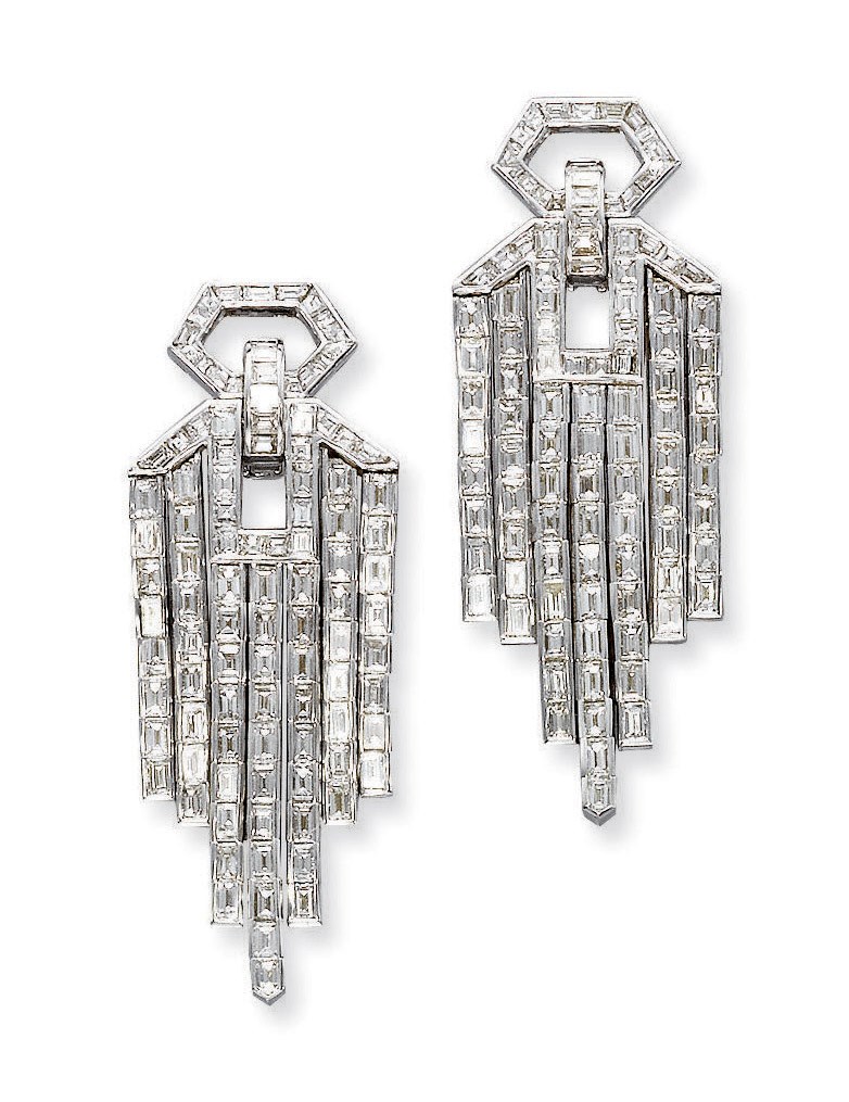 A PAIR OF DIAMOND EAR PENDANTS, BY ADLER