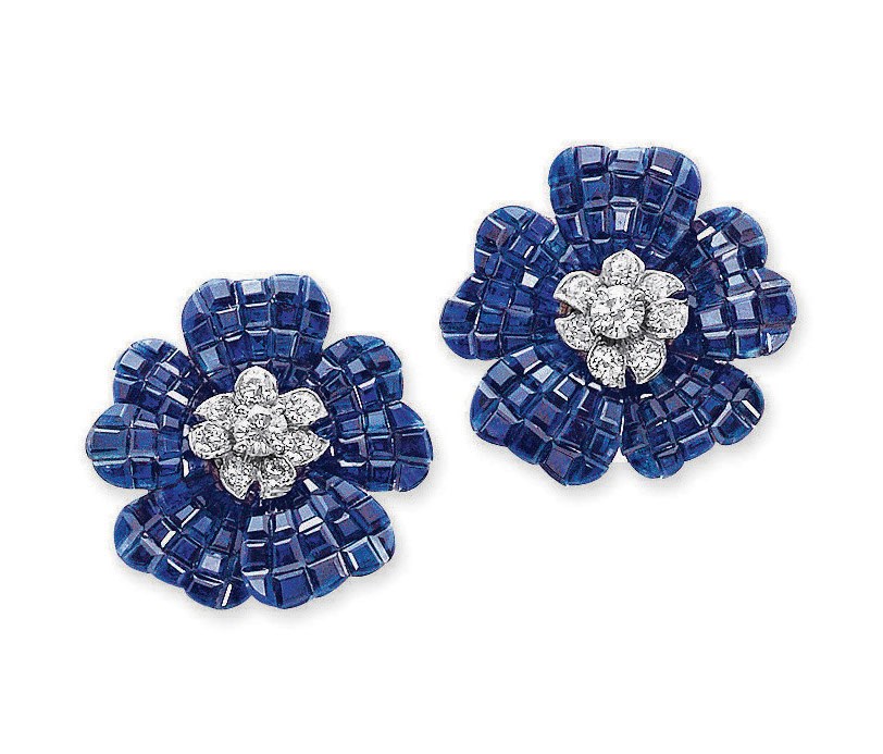 A PAIR OF 'MYSTERY-SET' SAPPHIRE AND DIAMOND PAVOT EAR CLIPS, BY VAN CLEEF & ARPELS