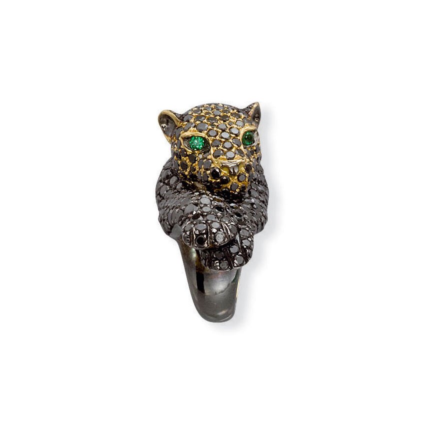 A COLOURED DIAMOND AND EMERALD PANTHER RING, BY ANDRÉ MARCHA