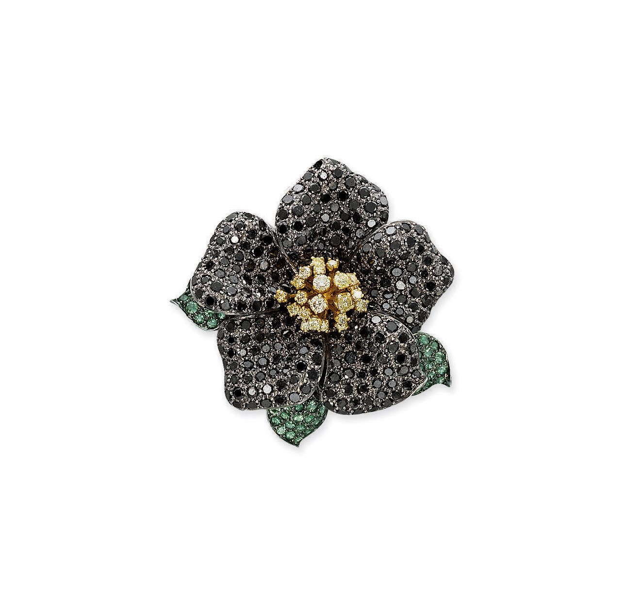 A COLOURED DIAMOND AND EMERALD FLOWER RING