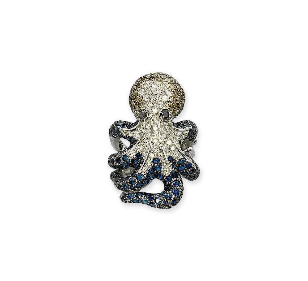 A SAPPHIRE, DIAMOND AND COLOURED DIAMOND OCTOPUS RING, BY SENSO