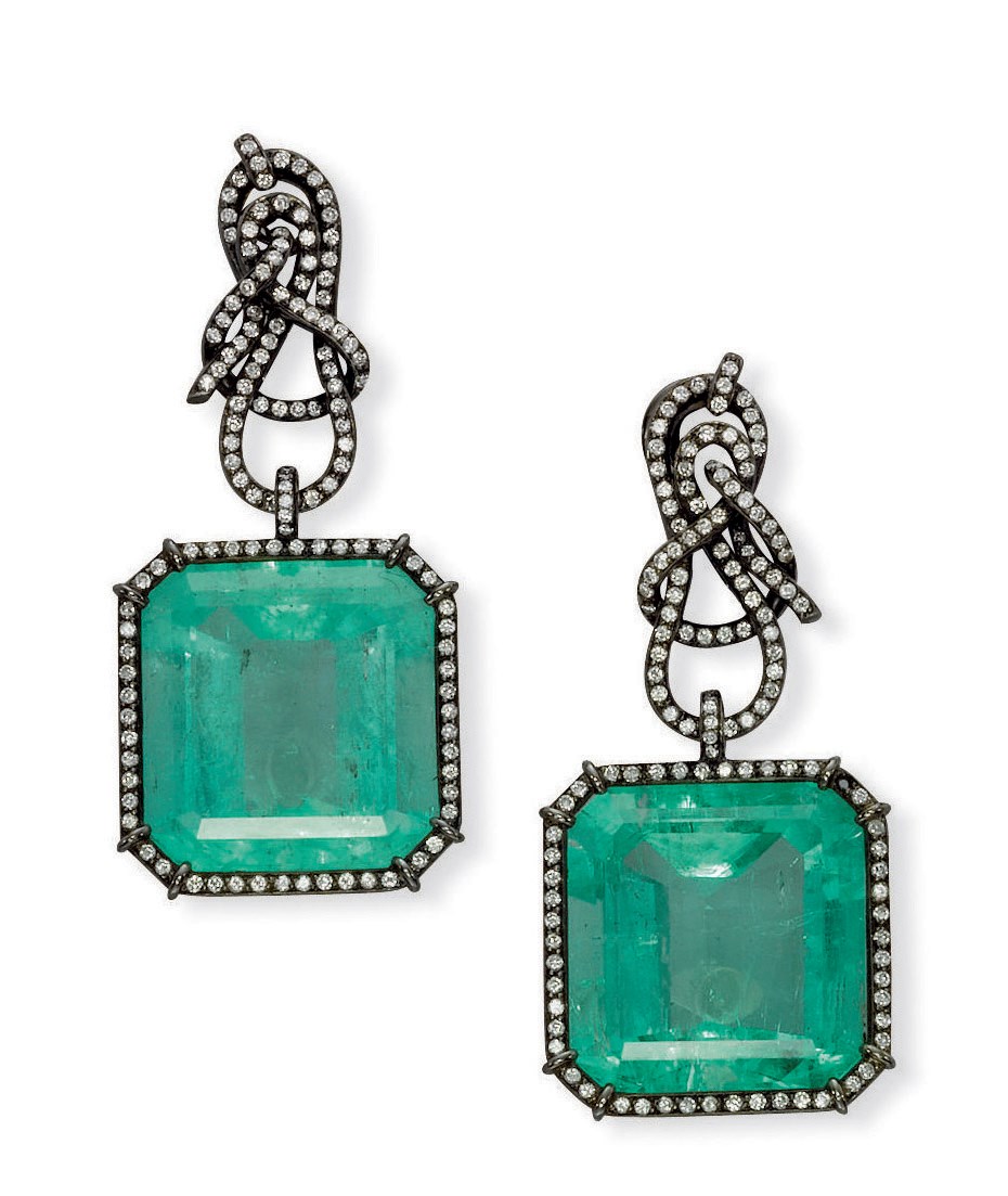 A PAIR OF EMERALD AND DIAMOND EARRINGS