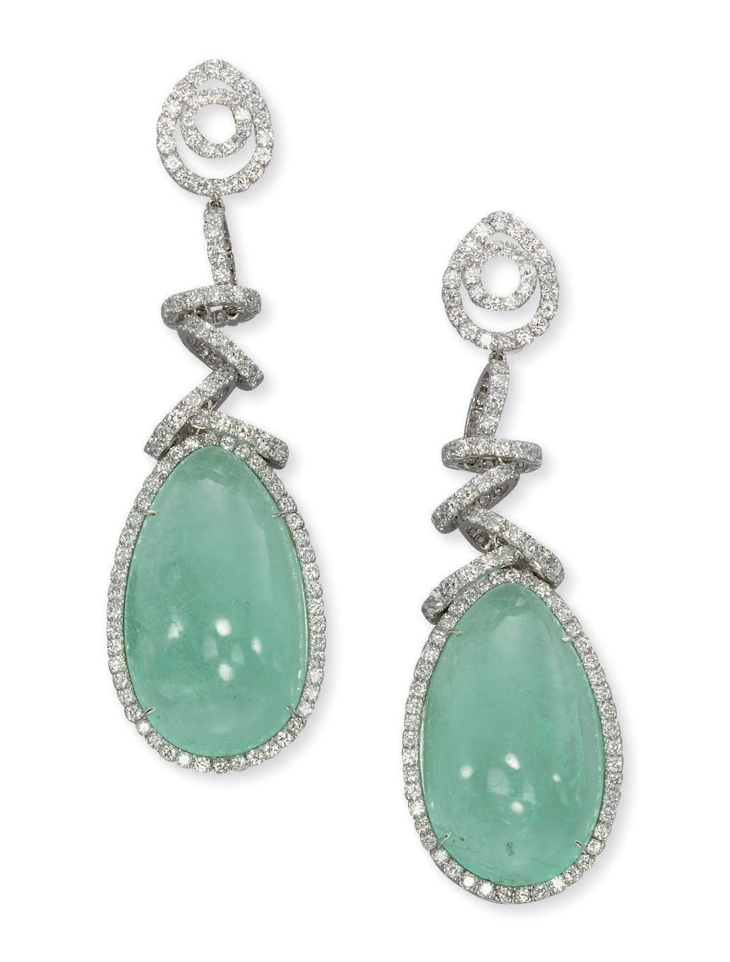 A PAIR OF GREEN BERYL AND DIAMOND EARRINGS