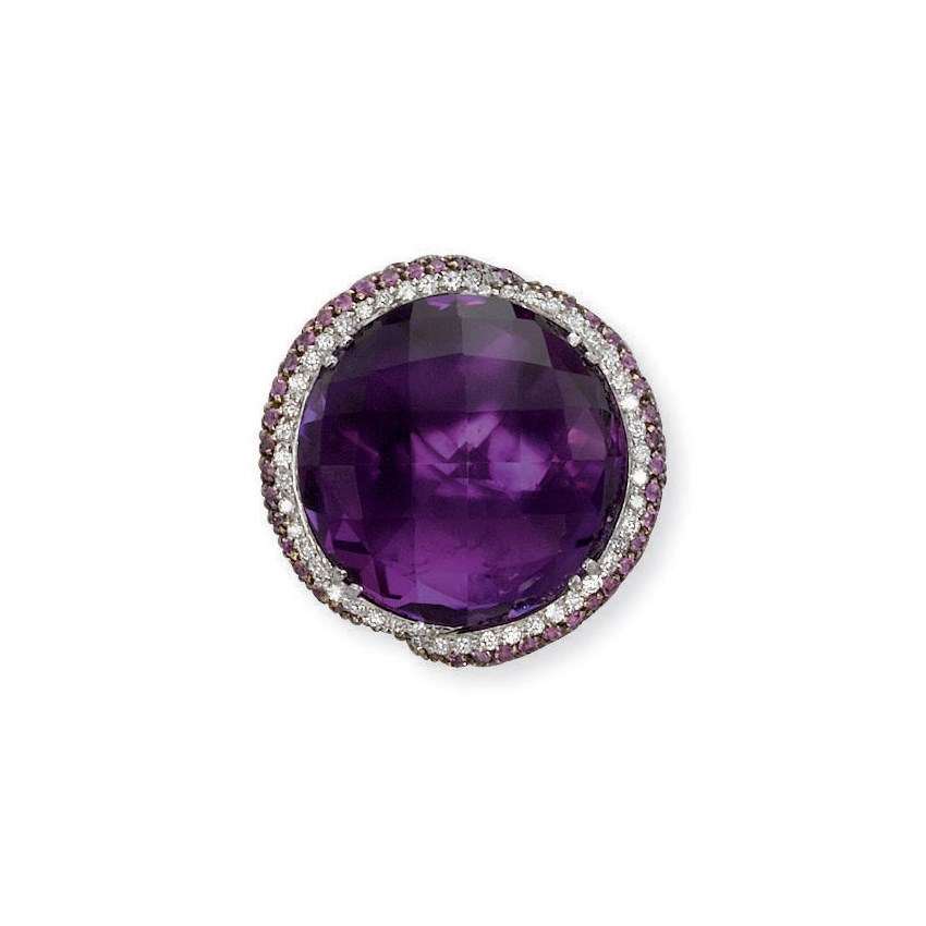 AN AMETHYST, DIAMOND AND PINK SAPPHIRE RING