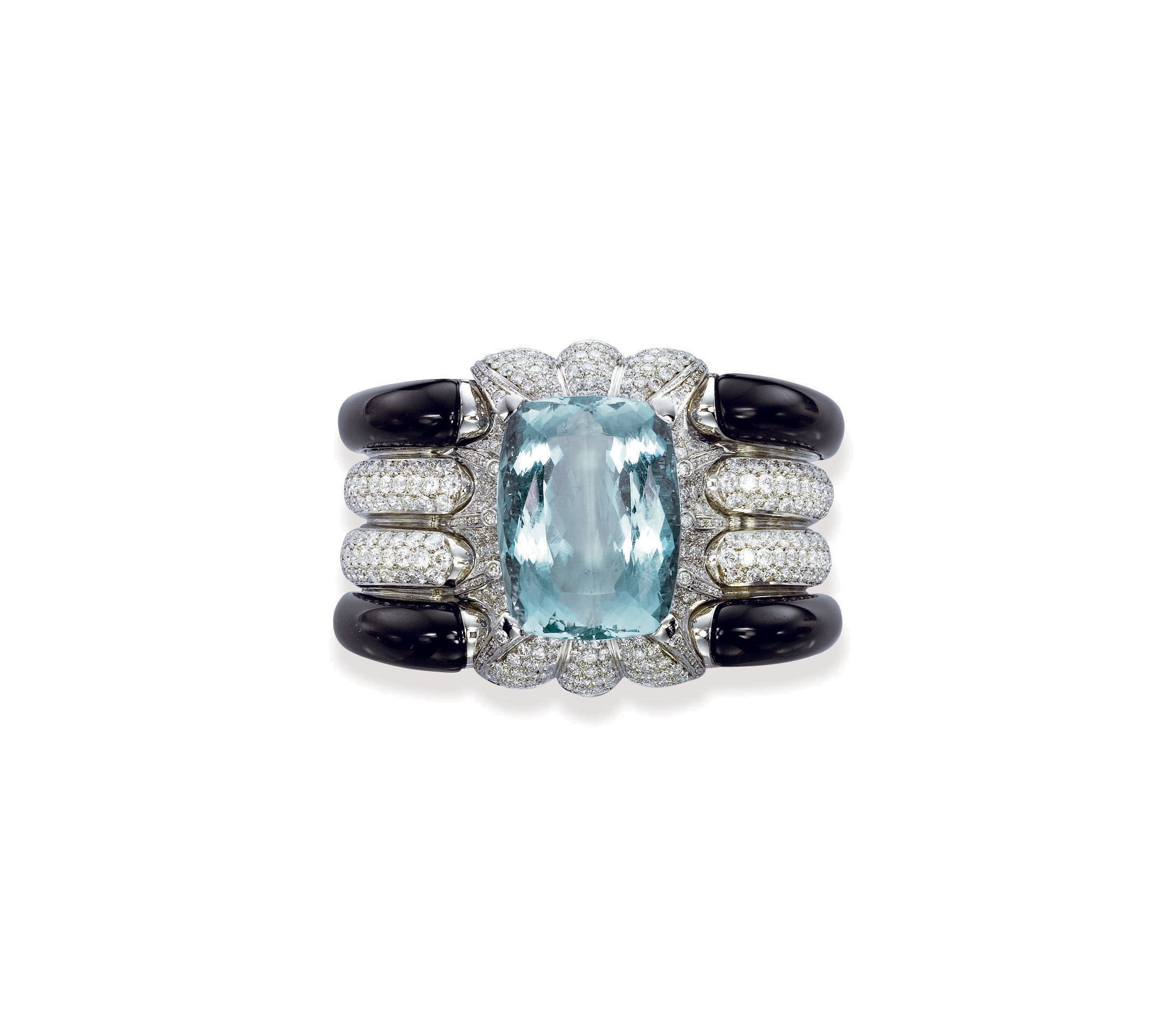 AN AQUAMARINE, DIAMOND AND ENAMEL BANGLE
