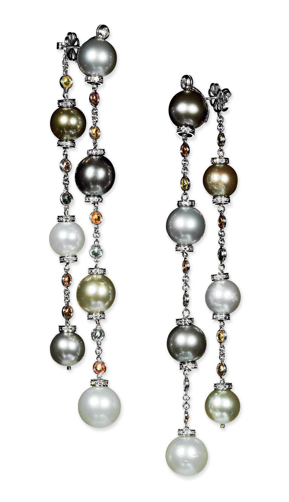 A PAIR OF COLOURED SAPPHIRE AND CULTURED PEARL EAR PENDANTS