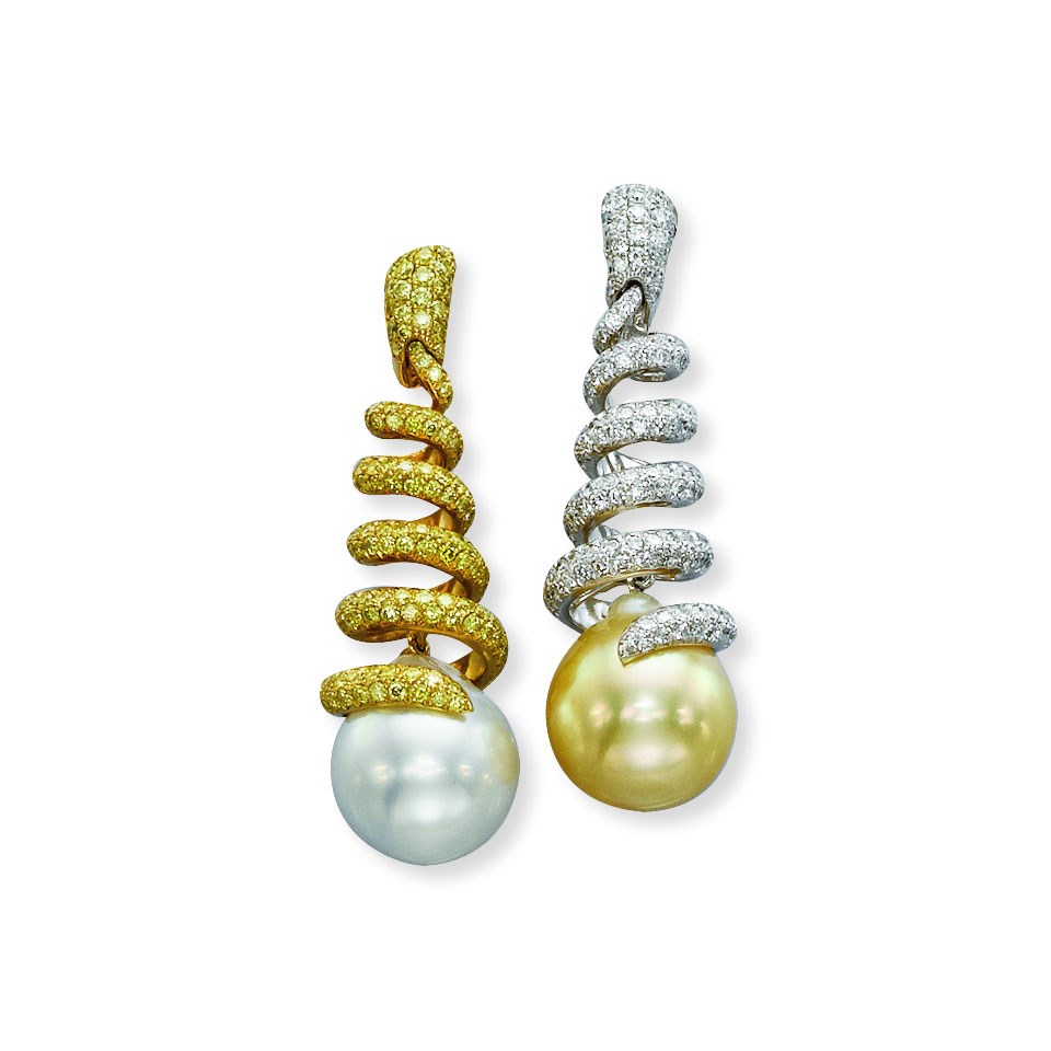 A PAIR OF CULTURED PEARL AND DIAMOND EAR PENDANTS, BY DE GRISOGONO