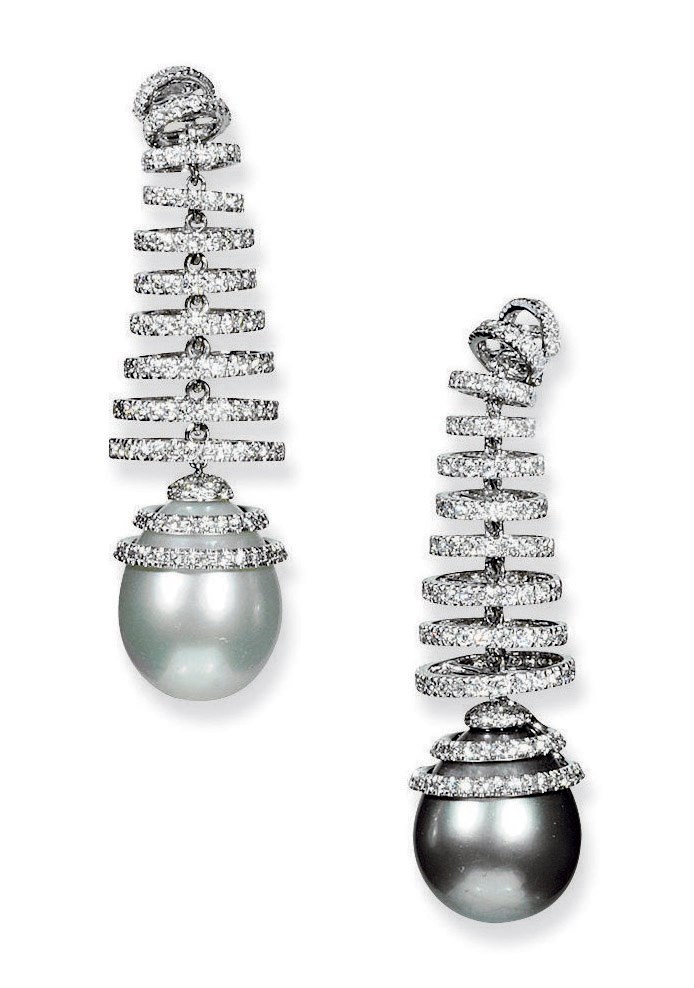 A PAIR OF CULTURED PEARL AND DIAMOND EAR PENDANTS