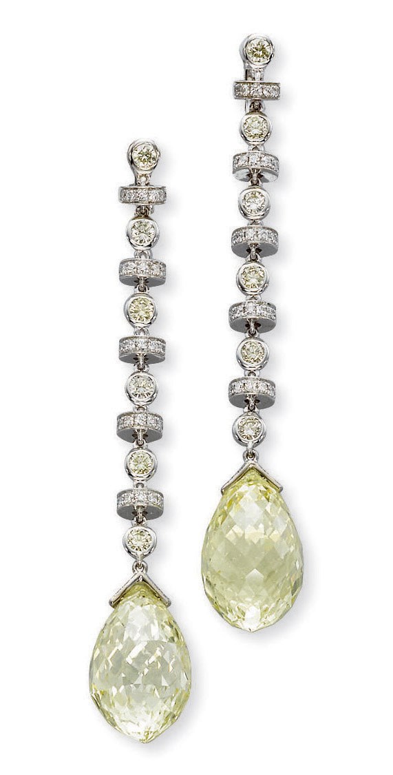 A PAIR OF COLOURED DIAMOND EAR PENDANTS