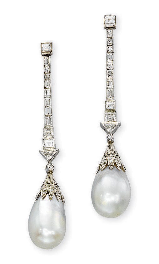 A PAIR OF PEARL AND DIAMOND EAR PENDANTS