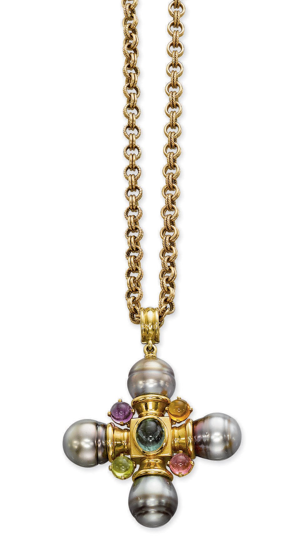 A MULTI-GEM AND CULTURED PEARL CROSS PENDENT NECKLACE