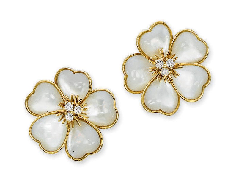 A PAIR OF MOTHER-OF-PEARL AND DIAMOND 'CLEMATITE' EAR CLIPS, BY VAN CLEEF & ARPELS