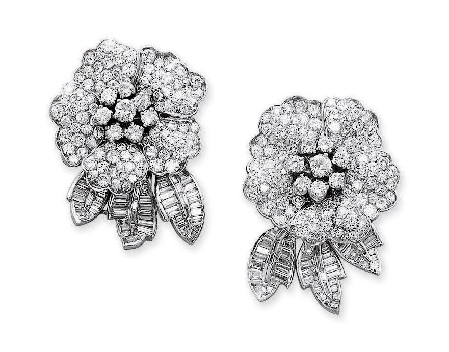 A PAIR OF DIAMOND FLOWER EAR CLIPS, BY VAN CLEEF & ARPELS