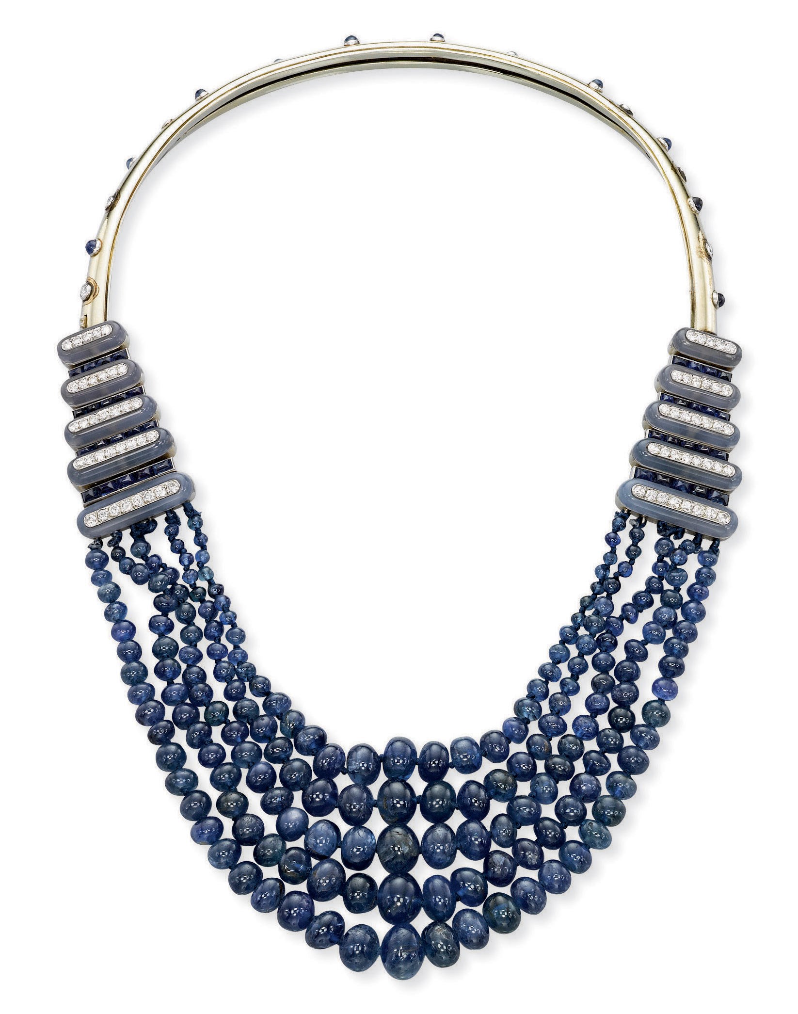 AN ART DECO SAPPHIRE, CHALCEDONY AND DIAMOND NECKLACE, BY BOIVIN