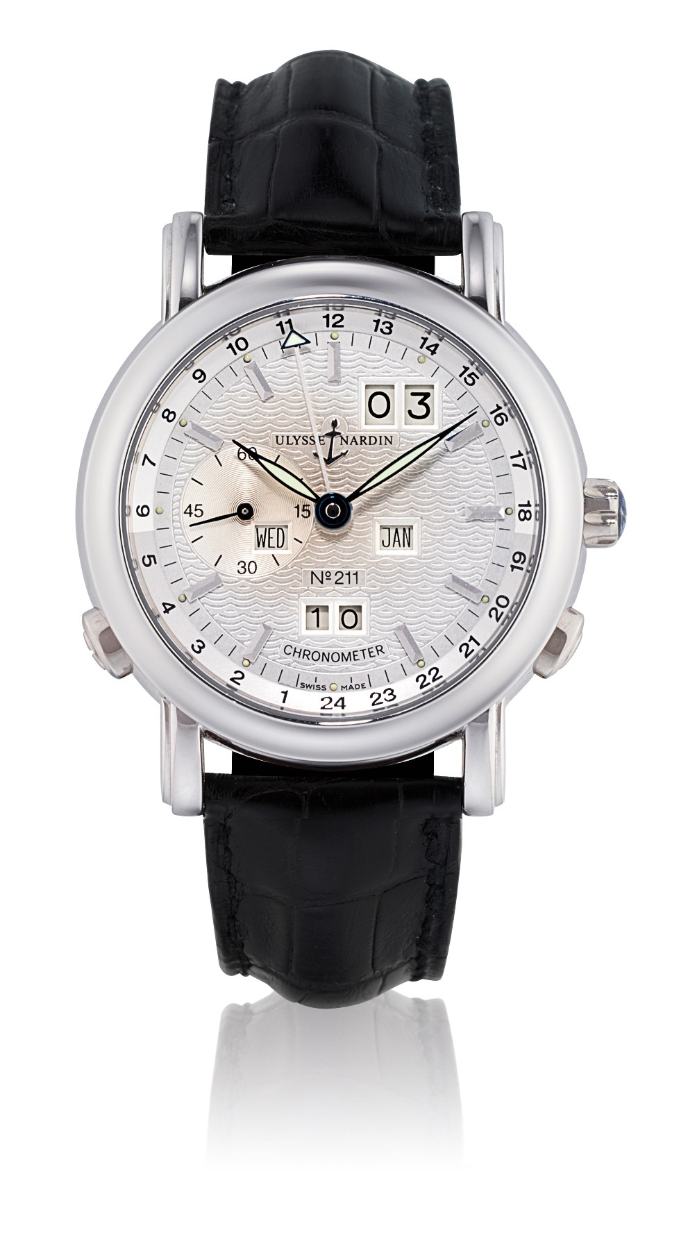 ULYSSE NARDIN, PERPETUAL CALENDAR GMT

PLATINUM AUTOMATIC PERPETUAL CALENDAR TWO-TIME-ZONE CHRONOGRAPH WRISTWATCH, LIMITED EDITION OF 500