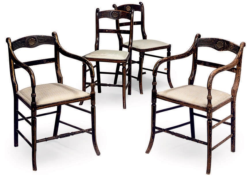 A SET OF FOUR REGENCY SIMULATED ROSEWOOD AND BRASS-MOUNTED DINING CHAIRS