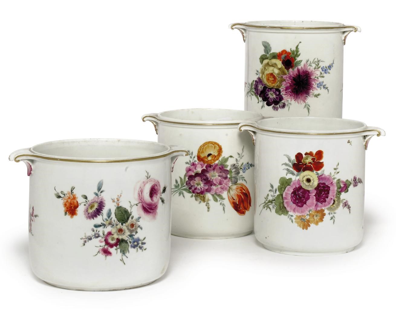 FOUR MEISSEN CYLINDRICAL TWO-HANDLED BOTTLE-COOLERS