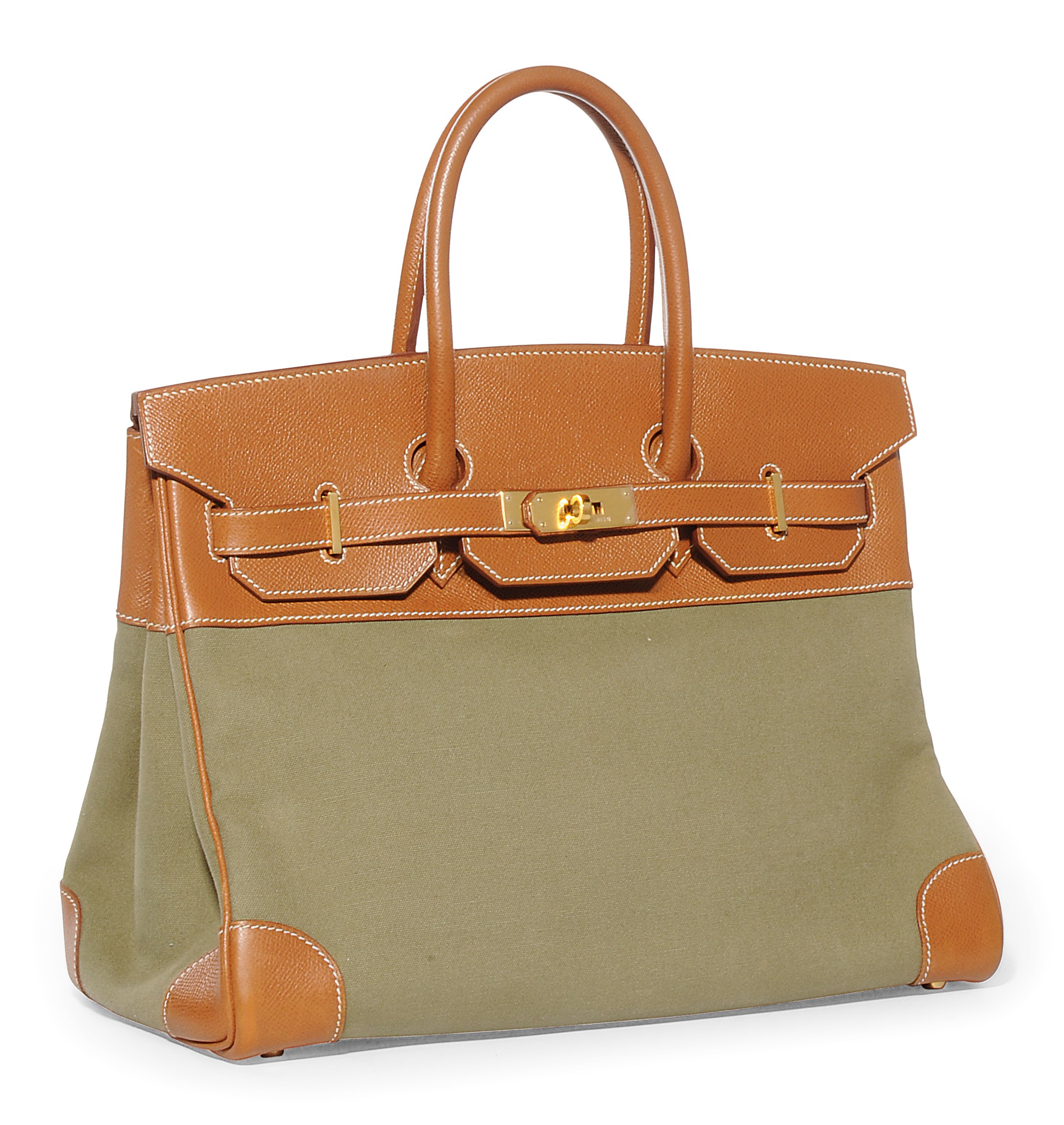 A VERT OLIVE TOILE AND GOLD LEATHER 'BIRKIN' BAG