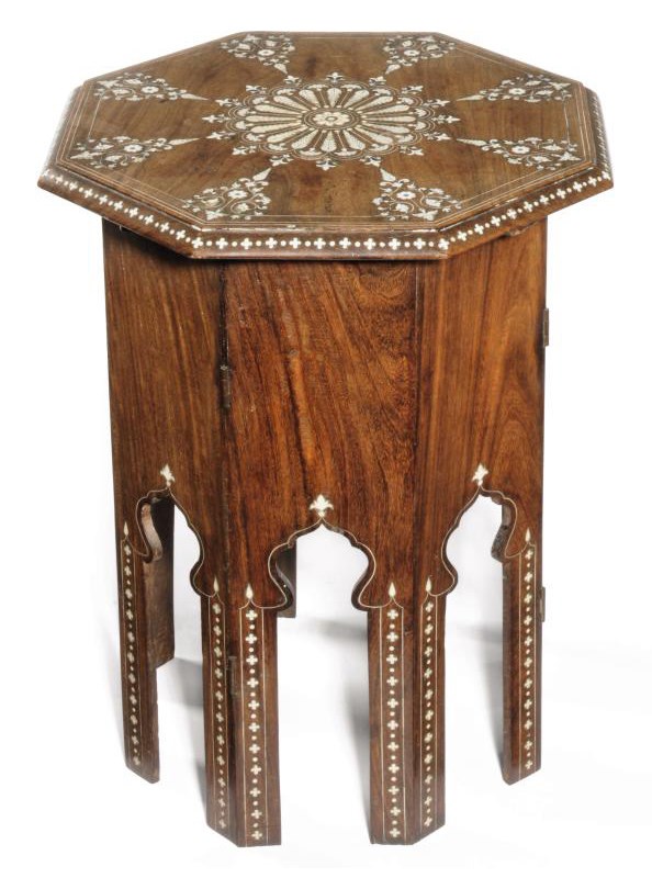 AN INDIAN IVORY-INLAID HARDWOOD OCTAGONAL TABLE